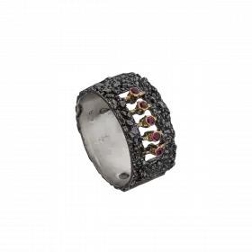 Darkened antique finish Silver Ring highlighted with center band of 18k gold leaves and 5 rubies