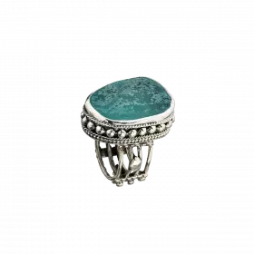 טבעת כסף רחבה עיטורי נקודות סביב זכוכית רומית עתיקה