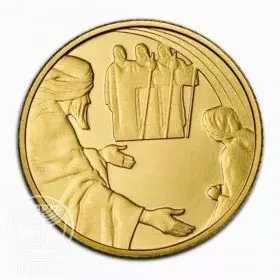מטבע זיכרון, אברהם ושלושת המלאכים, זהב 999, קשוט, 13.92 מ"מ, 1.24 גרם - צד הנושא