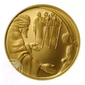 מטבע זיכרון, אברהם ושלושת המלאכים, זהב קשוט, 30 מ"מ, 16.96 גרם - צד הנושא