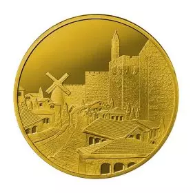 משכנות שאננים- 1 אונקיה בוליון זהב 9999, 32 מ"מ, הראשון בסדרת הבוליון "נופי ירושלים"