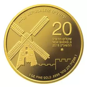 ‎‎‎טחנת הרוח של מונטיפיורי - 1 אונקיה בוליון זהב טהור 9999, 32 מ"מ, סדרת מטבעות הבוליון "ירושלים של זהב"