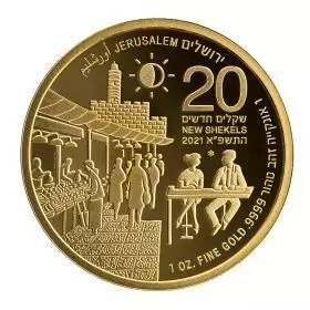 שוק מחנה יהודה - 1 אונקיה בוליון זהב טהור 9999, 32 מ"מ, סדרת מטבעות הבוליון "ירושלים של זהב"