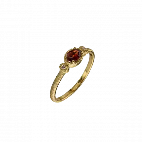 14k Gold Ring set with oval Garnet and Diamond on either side