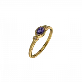
14k Gold Ring set with oval Iolite Stone and Diamond on either side