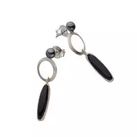 Darkened Antique Finish  Silver Drop Earrings with a Unique Dangling Onyx