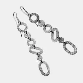 Especially long Silver Earrings composed of hammered Silver Links of varying shapes and sizes