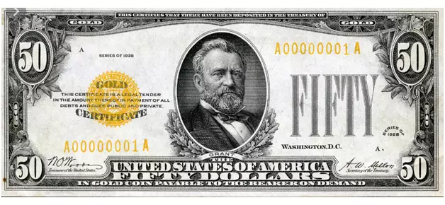דולר אמריקאי הנושא את הכיתוב לפיו השטר מייצג זהב פיזי