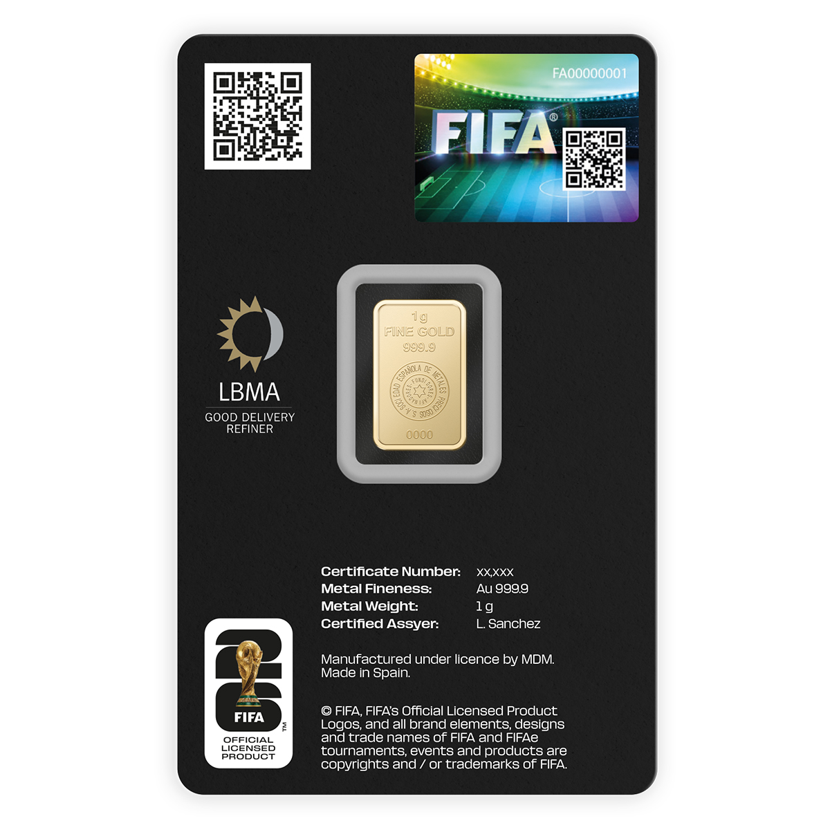 מטיל זהב טהור 1 גרם - מונדיאל 2026 FIFA