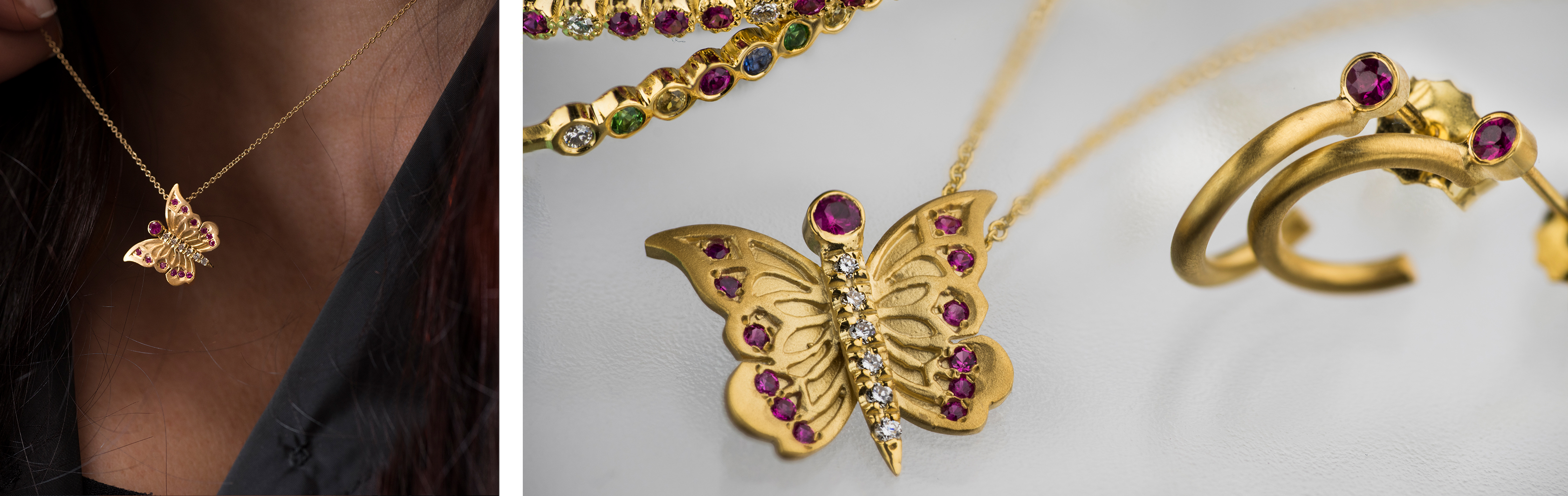 Butterfly necklace, stud earrings, Bangle gold bracelet, bracelet for women, jewelry, GRAS jewelry, sapphire, diamond, colored tennis bracelet, gras designs in gold and gems
