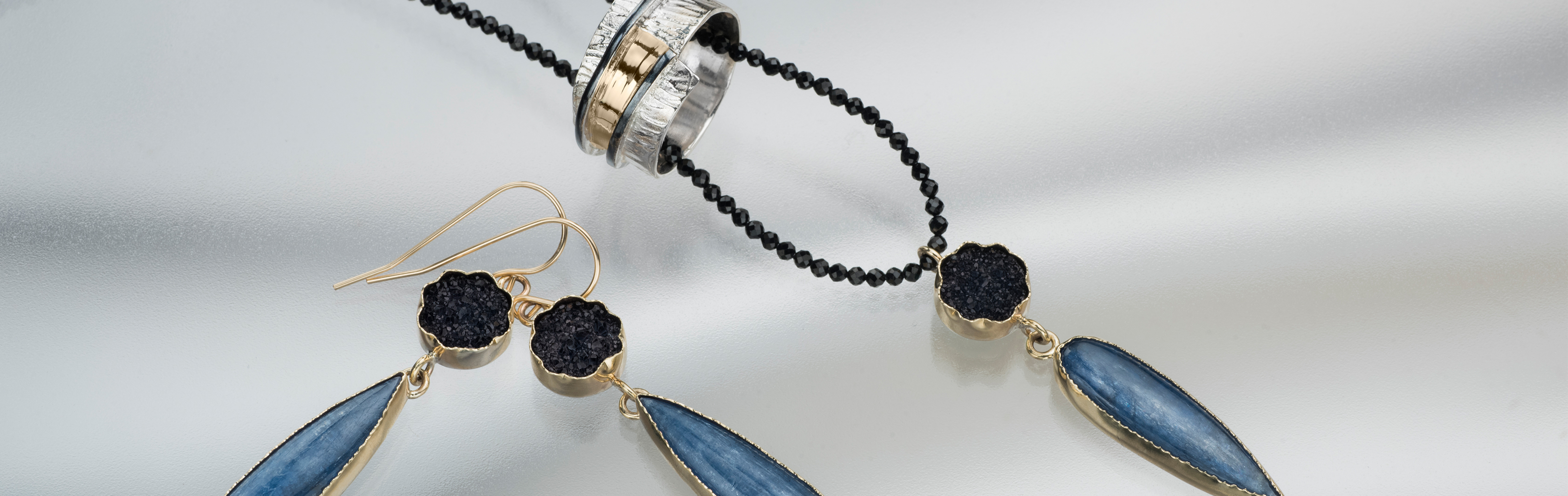 Silver and Gold Jewelry, Kyanite, Kyanite Stone Jewelry, Druze Kyanite, Spinel Jewelry, Black Stone Jewelry, Drop Necklace, Drop Earring, Pear Necklace, Pear Earring, Flower Earring, Flower Necklace, Wide Silver Ring, Black Silver, oxidized silver, GRAS S