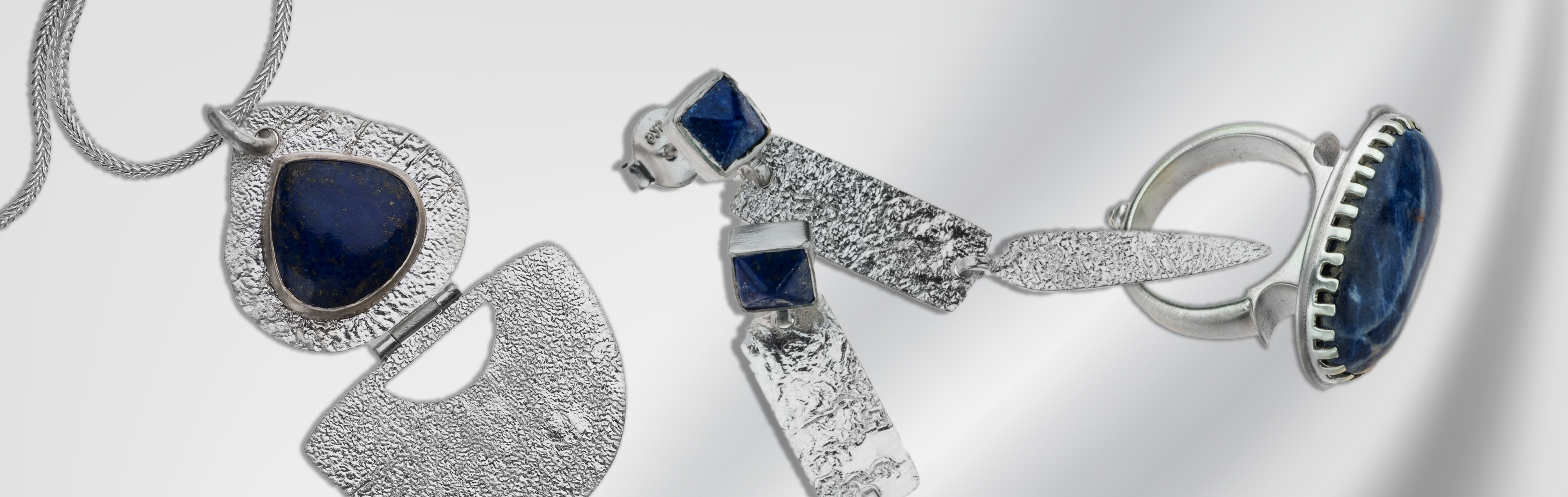 Silver jewelry, impressive silver jewelry, silver and gems, long silver necklace, silver necklace with presence, wide silver ring, silver ring for man, lapis lazuli, Sodalite, gemstone, natural gems, long stud earring, Drop Earrings, hammered silver jewel