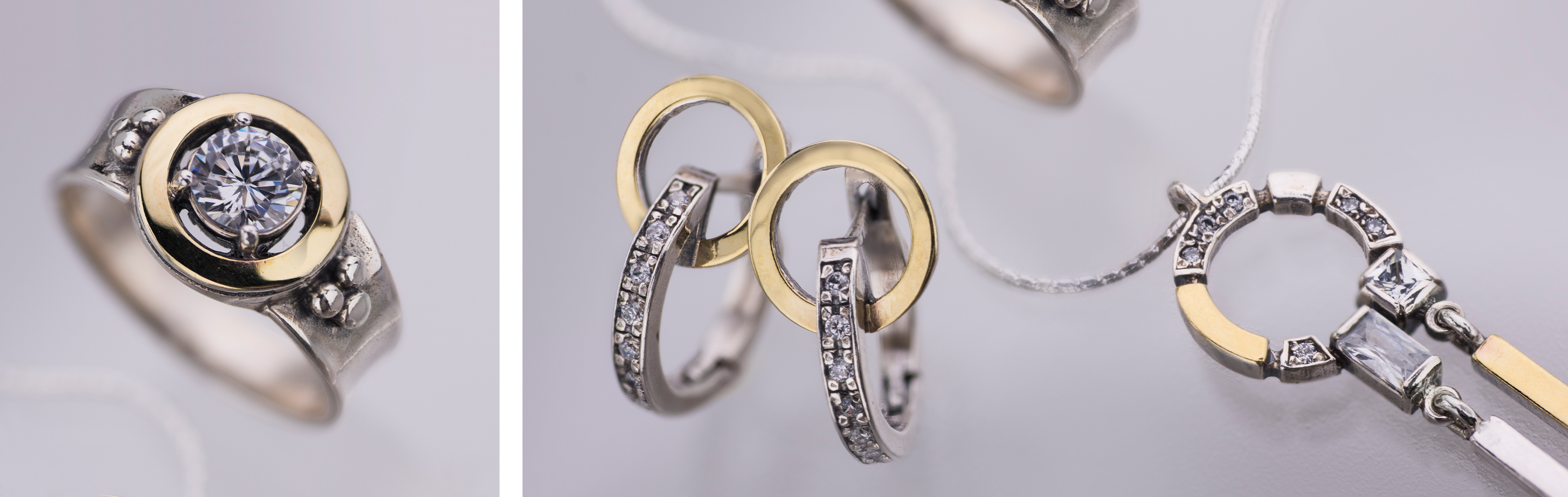 Silver and gold jewelry, hoop earrings, round pendant, wide ring, silver and gold earrings, zircon stone, GRAS designs in silver and gold