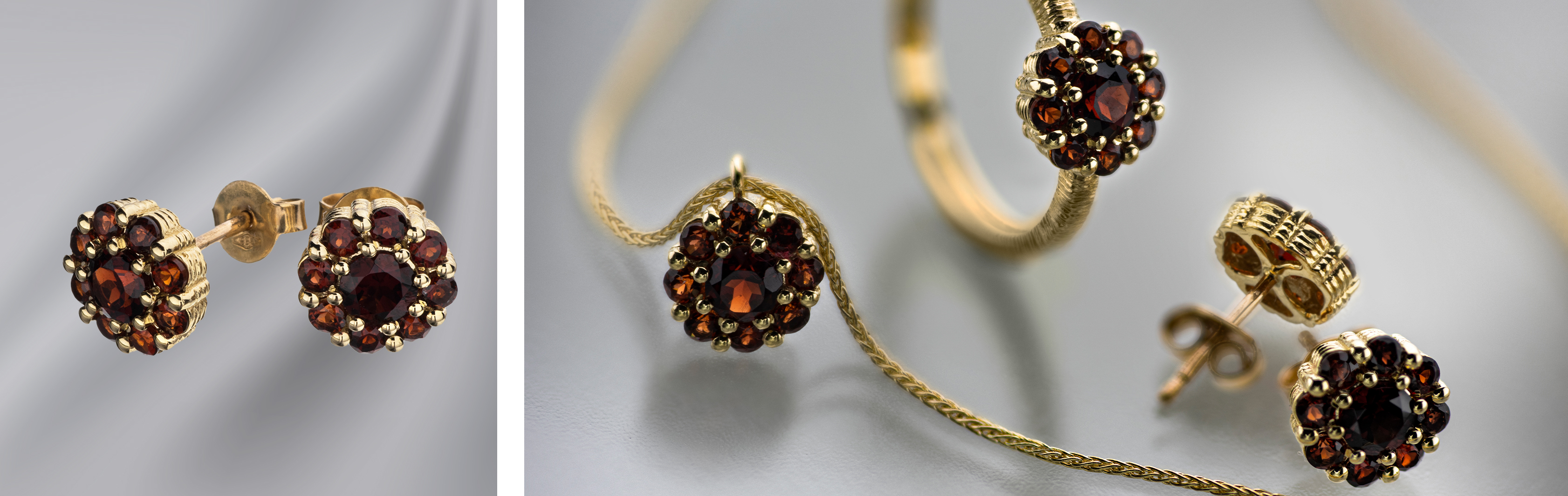 Garnet Stone, Red Stone, Flower Ring, Flower Necklace, Flower Earrings, Stud Earrings, Special Jewelry, GRAS Designs in Gold and Gems, GRAS Handmade Gold Jewelry